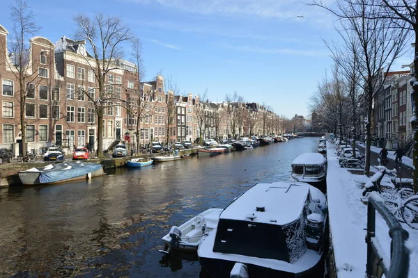 Amsterdam Winter Snow Canal Amstel City Center — Foto Stock