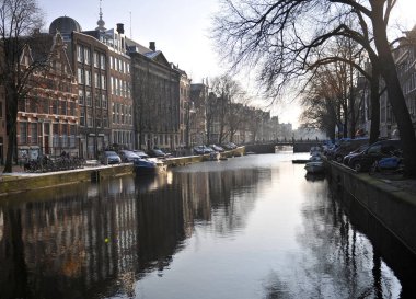 Amsterdam winter snow canal Amstel city center