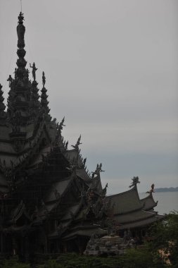 The wooden house is built entirely of wood, there are no other materials, only wood.