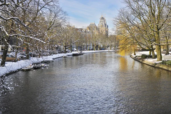 Amsterdam Winter Snow Canal Amstel City Center — Stock fotografie