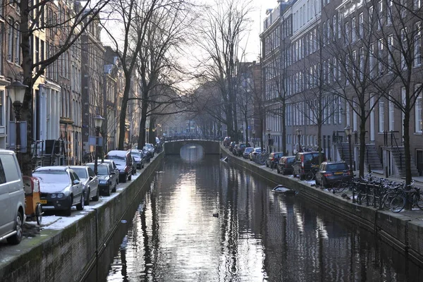 Amsterdam Winter Snow Canal Amstel City Center —  Fotos de Stock