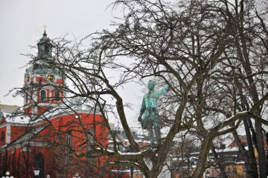 sweden city of stockholm in winter city center frost view of chapel in park and monument