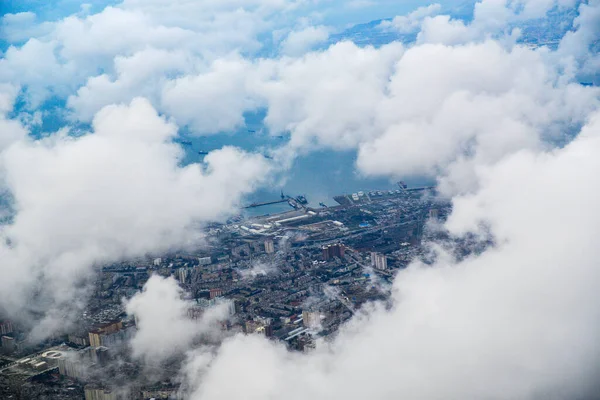 View from the plane to the city of Baku Azerbaijan the Caspian Sea and the island