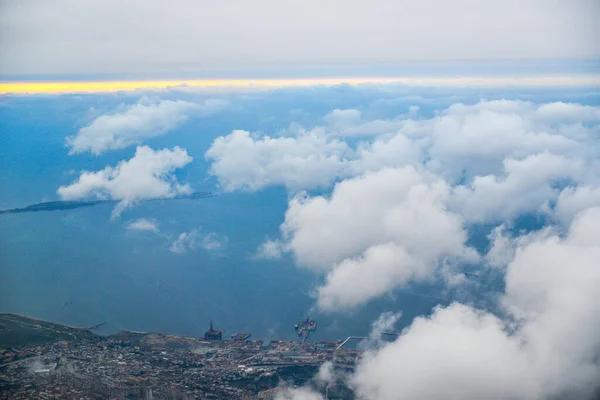 View from the plane to the city of Baku Azerbaijan the Caspian Sea and the island