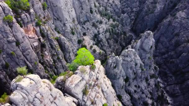 Enorma spektakulära klippor, episka antenn drönare flygning över berömda Mountains Valley, Enorma stenstrukturer, dramatiska geologiska underverk med gröna träd. Fåglar ögon utsikt landskap 4k — Stockvideo