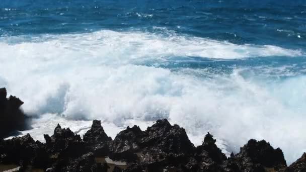 Хвилі, що ламаються над небезпечними каменями, концепція морської бурі, сонячний морський пейзаж, спустошливі та вражаючі, океанічні хвилі падають на скелі узбережжя, створюючи вибух води, 4k — стокове відео