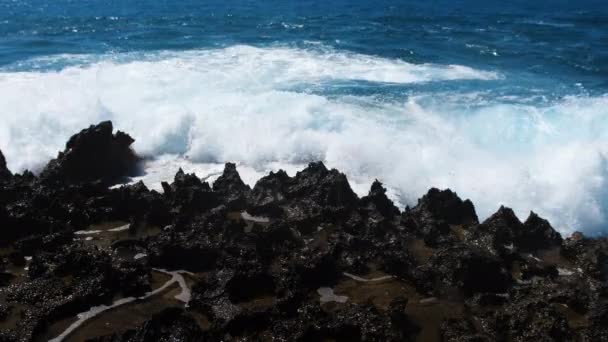 Vågor bryta över farliga stenar, Sea storm koncept, Ocean vågor krascha på klipporna, Skapa en explosion av vatten i 4k — Stockvideo