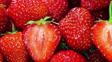 Çilek. Kırmızı Sulu Olgun Çilekler, Yakın plan, Lezzetli Yaz Meyveleri. Taze Hasat Çilekleri 'nin geçmişi. Sağlıklı Doğal Vegan Gıda Konsepti