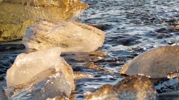 Pezzi di ghiaccio sulla sabbia nera, Global Warming Climate Change Concept, Iceberg nella laguna del ghiacciaio di Jokulsarlon, Spiaggia di Diamante in Islanda — Video Stock
