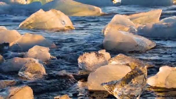 Trozos de hielo sobre arena negra, Calentamiento Global, Concepto de Cambio Climático, Icebergs en Laguna Glaciar Jokulsarlon, Playa Diamond en Islandia — Vídeo de stock