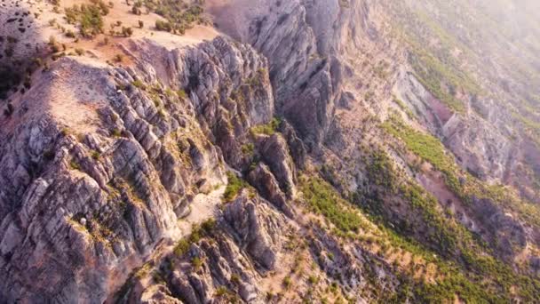 Légi drón repülés hihetetlen hegyvidéki táj arany óra hajnalban, völgy erdő és fák — Stock videók