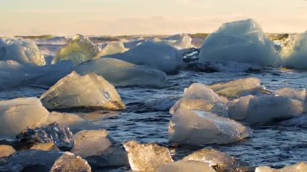 पाण्यात आइसबर्ग, ग्लोबल उबदार हवामान बदल संकल्पना, जोकोल्सरलोन ग्लेशियर लेगून, आइसलँडमध्ये सूर्योदयाच्या वेळी बर्फचे चंक — स्टॉक व्हिडिओ