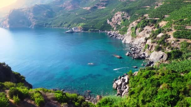 Montagne au bord de la mer, mer turquoise et arbres verts, paysage vue aérienne, beau littoral et nature intacte. Turquie — Video