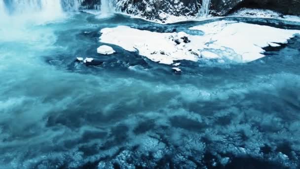 Frozen river Aerial Landscape, magical winter location of snow and ice, Pure glacial water with a huge current, Iceland — Stock Video