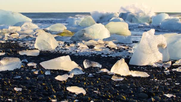 Trozos de hielo sobre arena negra, Concepto de Cambio Climático por el Calentamiento Global, Icebergs en Laguna Glaciar Jokulsarlon, Islandia — Vídeos de Stock