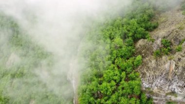 Dağ ormanlarının üzerinde bulutlar arasında uçmak, hava manzarası, harika ilham verici doğal yaz manzarası. Yüksek kalite 4k görüntü