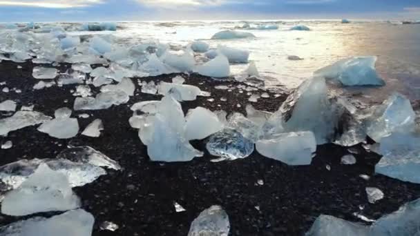 黒い火山ビーチの氷山 ダイヤモンドビーチの氷の塊アイスランド 地球温暖化の概念 極端なクローズアップ航空上のビュー 高品質4K映像 — ストック動画