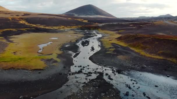 Vulkanische Island Landschaft Herbstsaison Gelbes Moos Und Seltsame Fluss Luftaufnahme — Stockvideo