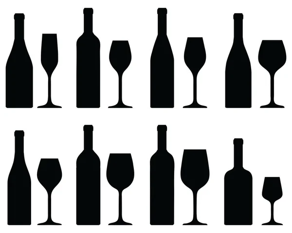 Schwarze Silhouetten Von Weinflaschen Und Gläsern Auf Weißem Hintergrund Vektorgrafiken