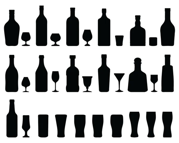 Schwarze Silhouetten Von Spirituosen Bierflaschen Und Gläsern Auf Weißem Hintergrund Stockillustration
