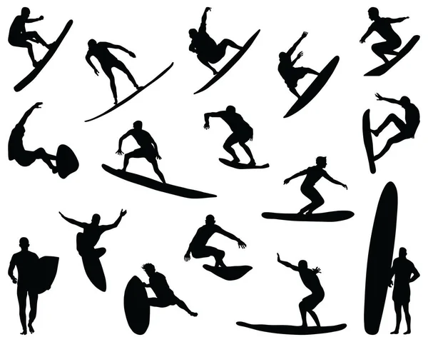 Black Silhouettes Surfers White Background — Stock Vector