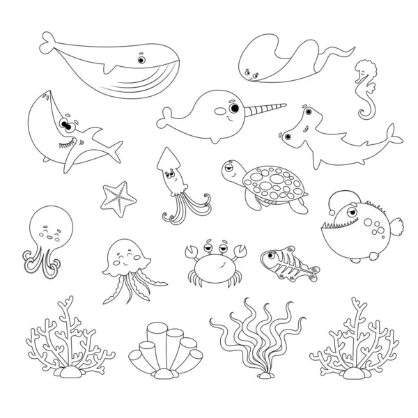 Set Cute Sea Creatures Corals White Background Line Style — Stock vektor