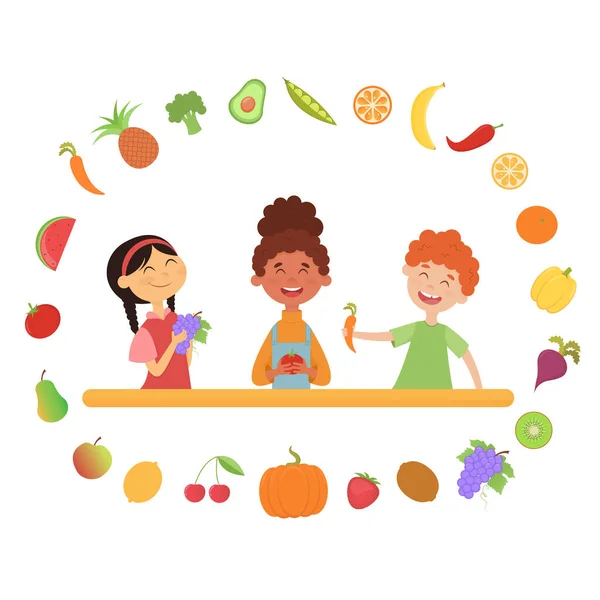 Children Laugh Eat Healthy Eco Food Collection Colorful Vegetables Fruits — Wektor stockowy