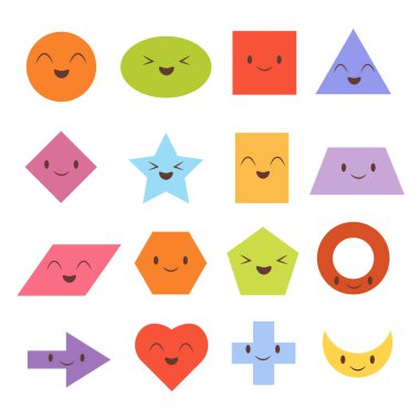 Beyaz arka planda izole edilmiş renkli gülümseyen temel şekiller. Çocuk eğitimi koleksiyonu