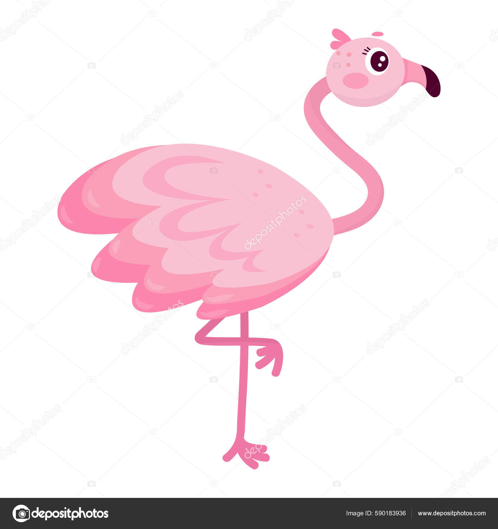 Cute Pink Cartoon Flamingo Tropical Bird Isolated White Background.