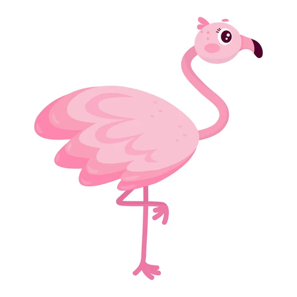 Şirin pembe çizgi film flamingosu. Beyaz arkaplanda yalıtılmış tropikal kuş