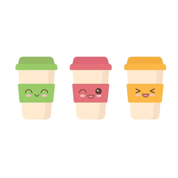 Kawaii emojisi olan kahve fincanları beyaz arka planda izole edilmiş.