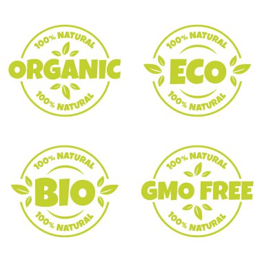Organic, eco, bio, natural and GMO free products sticker, label, badge and logo.Ecology icon. Logo template with green leaves for organic and ecofriendly products. Vector illustration isolated on white background