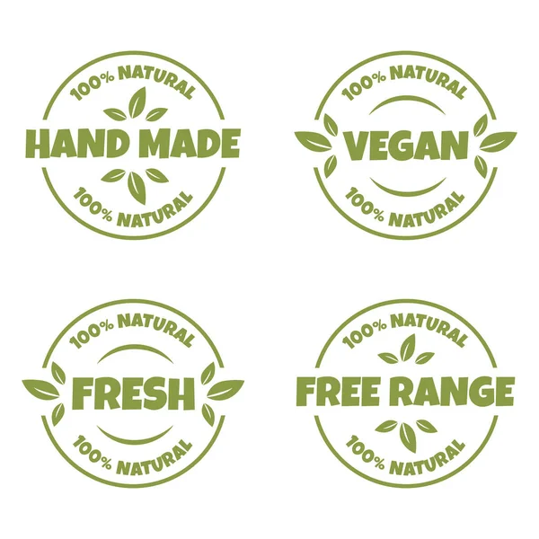 Hand made, vegan, fresh and free range products sticker, label, badge, stamp and logo.Ecology icon. Logo template with green leaves for organic and ecofriendly products. Vector illustration