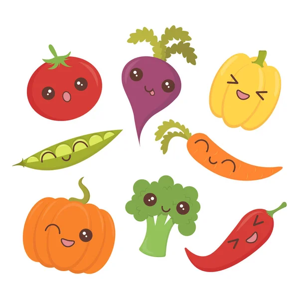 Colorful and funny  vector set of vegetables with kawaii emoji isolated on white background. Bundle of healthy and tasty vegan food.