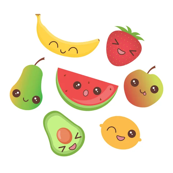 Cute Vector Set Cartoon Fruits Kawaii Emoji Isolated White Background — Vector de stock