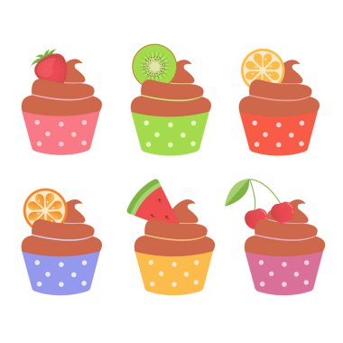 Delicious vector cupcakes with fruits. Colorful chocolate dessert isolated on white background