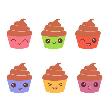 Delicious vector cupcakes with kawaii emoji. Colorful chocolate dessert isolated on white background
