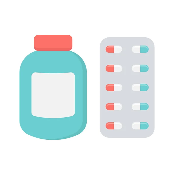Medical bottle with label and pills flat icon isolated on white background. Vector illustration.