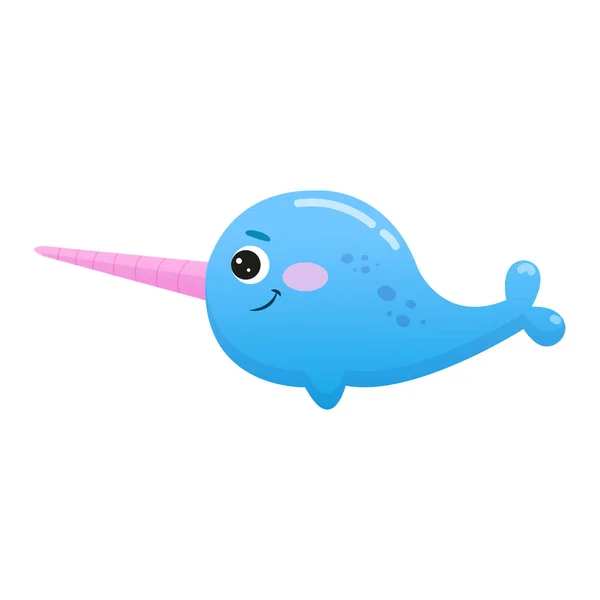 Cute cartoon narwhal vector illustration. Blue unicorn whale isolated on white background