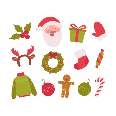 Çizgi film tarzında ayarlanmış şirin bir Noel ikonu. Vektör illüstrasyonu beyaz arkaplanda izole edildi