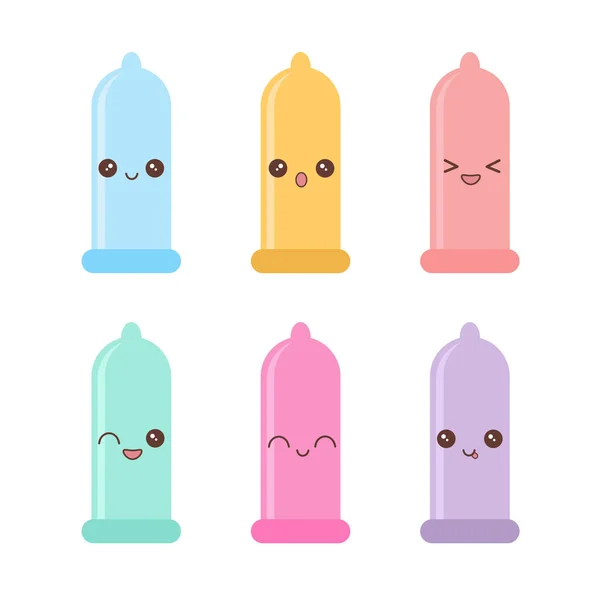 Kawaii emojili şirin kondomlar. Vektör illüstrasyonu beyaz arkaplanda izole edildi
