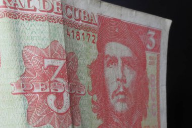 Küba üç pezosu. Yüksek kalite fotoğraf. Küba 'dan gelen para. Che Guevara banknotu