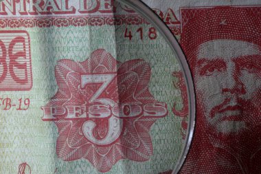 Küba üç pezosu. Yüksek kalite fotoğraf. Küba 'dan gelen para. Che Guevara banknotu