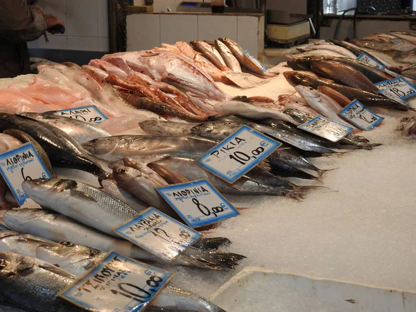 Fresh fish displayed on the market counter on the island of Aegina in Greece
