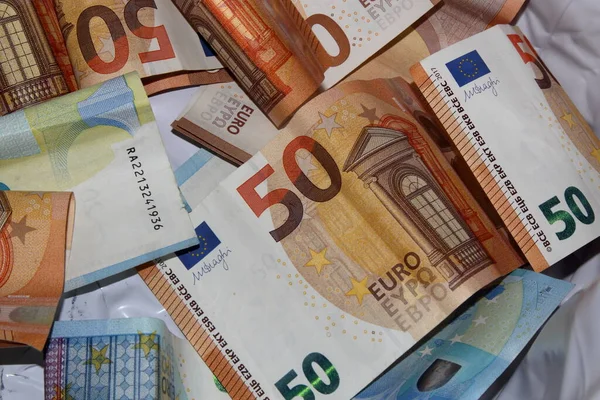 Several Euro Banknotes Background Texture Euro Banknotes Shown Highest Lowest — Stock Photo, Image