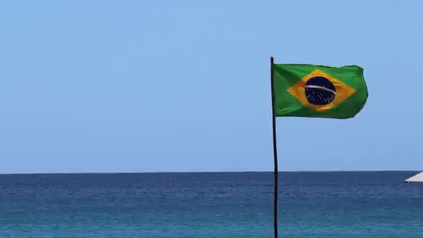 Brazil Brazilian Flag Waving Wind Beautiful Landscape Blue Sky Full — Vídeo de stock