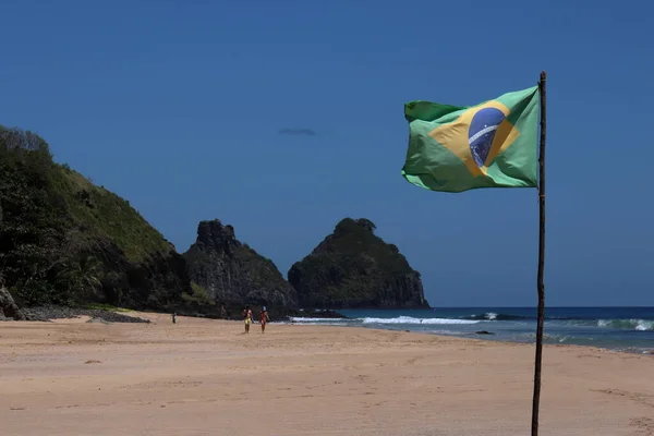 Beautiful View Morro Irmaos Brazilian Flag Waving Foreground Bode Beach — Fotografia de Stock