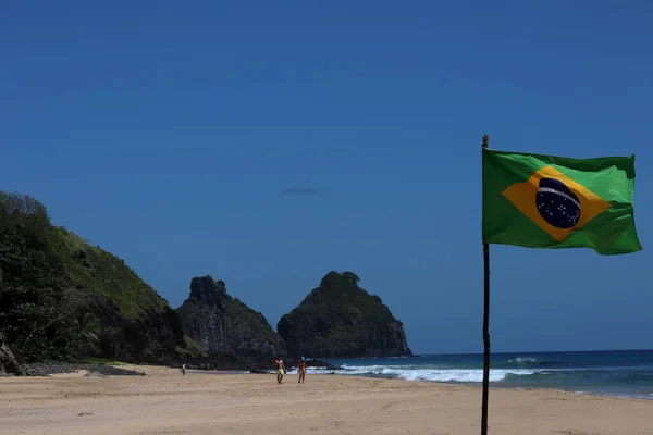 Beautiful View Morro Irmaos Brazilian Flag Waving Foreground Bode Beach — 图库照片