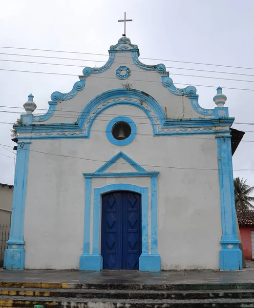 Tatuamunha, Alagoas, Brazil, August, 02, 2022: Little white and blue church, Tatuamunha district, on Alagoas North Coast