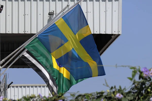 Zweden Brazilië Nationale Vlag Waait Wind Hoge Kwaliteit Foto — Stockfoto